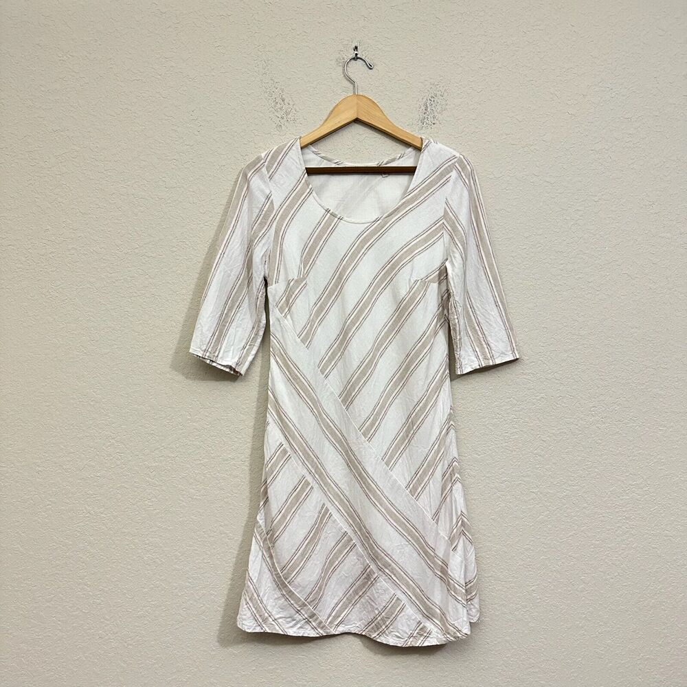 SOFT SURROUNDINGS Equinox Linen Blend Shift Dress in Stripes Ivory/Tan